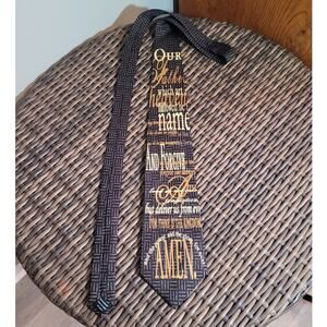 Larson Silk Lord’s Prayer Tie Men Black Gray Geometric Gold Script Christian